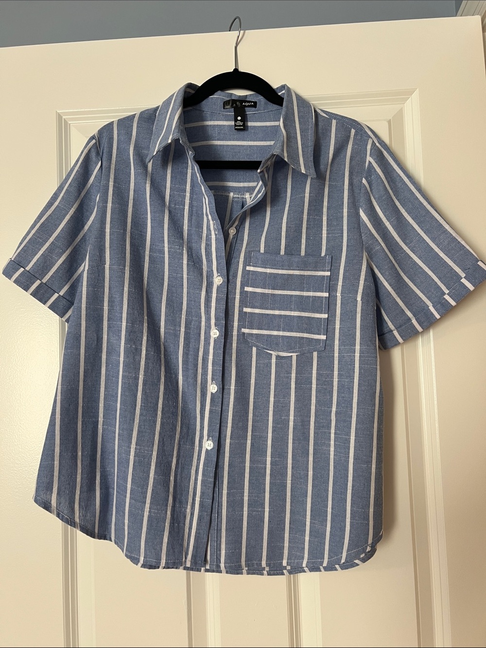 Aqua Blue and White Striped Short Sleeve Button-Down